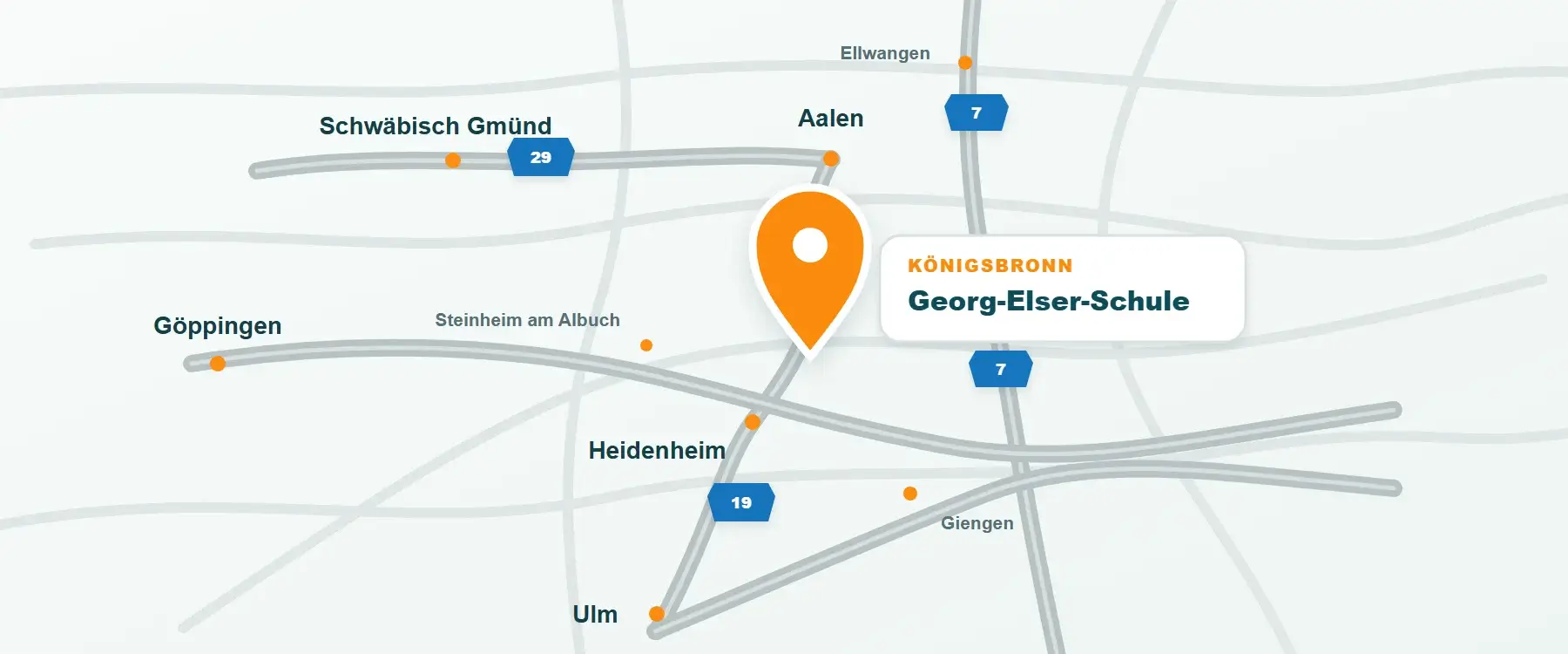 Regionalkarte mit Königsbronn im Mittelpunkt sowie Aalen, Heidenheim, Ulm, Schwäbisch Gmünd und Steinheim am Albuch.